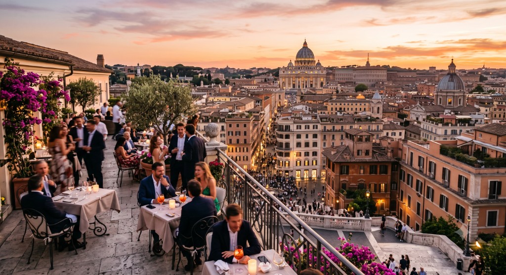 Rome rooftop terrace gathering with St. Peter's Basilica skyline at sunset
